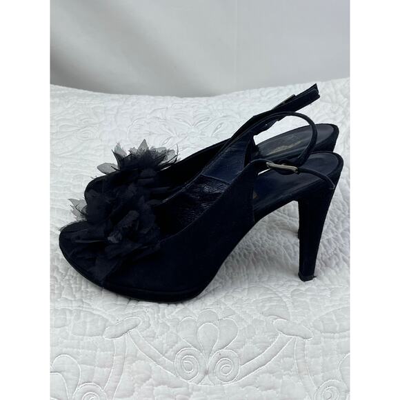 Gino Vaello Women's Size 7 Black Suede Sling Back Peek A Boo Toe Heel Pumps - Picture 9 of 10